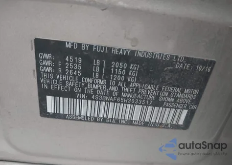 2017 Subaru Legacy 2.5I Premium from USA, damaged, VIN 4S3BNAF65H3033517